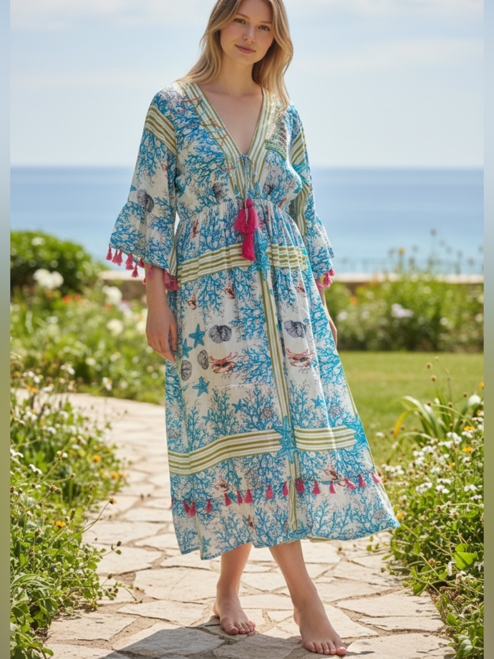 POL Coastal Coral & Turquoise Maxi Dress with Pink Tassels